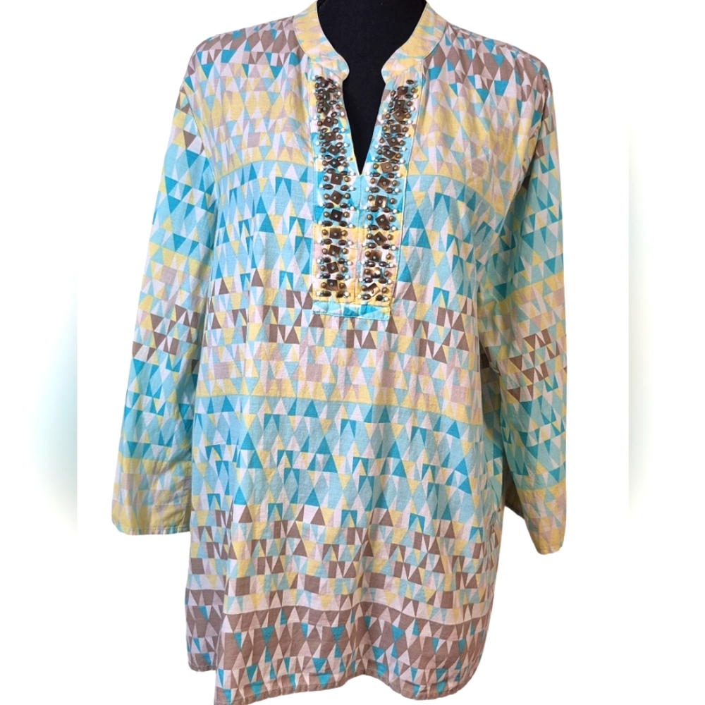 Retro Boho Valerie Stevens Tunic Top – Size P16 – Geometric Beaded Accent